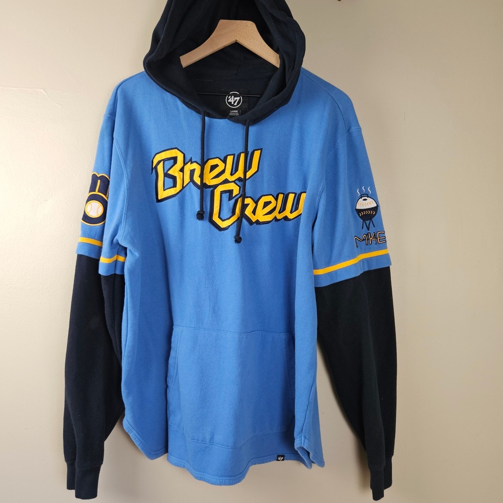'47 Milwaukee Brewers City Connect Hoodie Pullover Sweatshirt Men's L Blue Navy